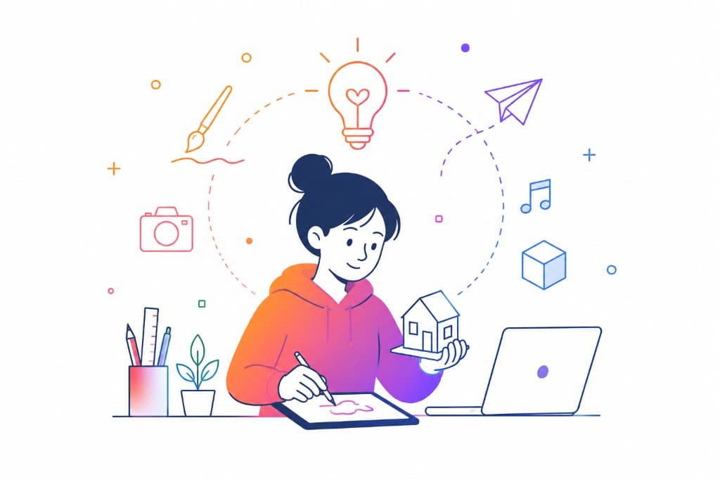 Illustration : une personne dessine sur une tablette et tient une maquette de maison.