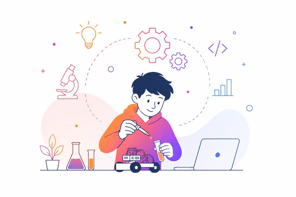 Illustration : un jeune expérimente avec des outils scientifiques, un robot et un ordinateur.