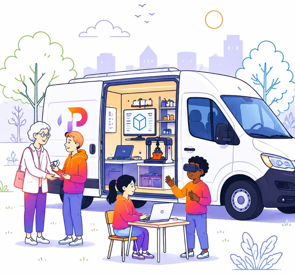 Illustration : un laboratoire numérique mobile, ouvert sur un parc, avec des ateliers autour du véhicule.