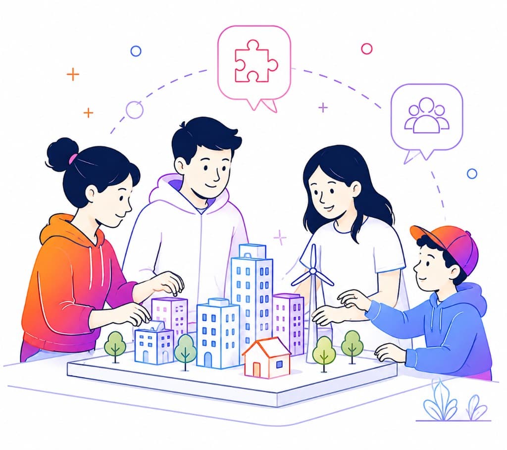 Illustration : un groupe construit ensemble une maquette de quartier.