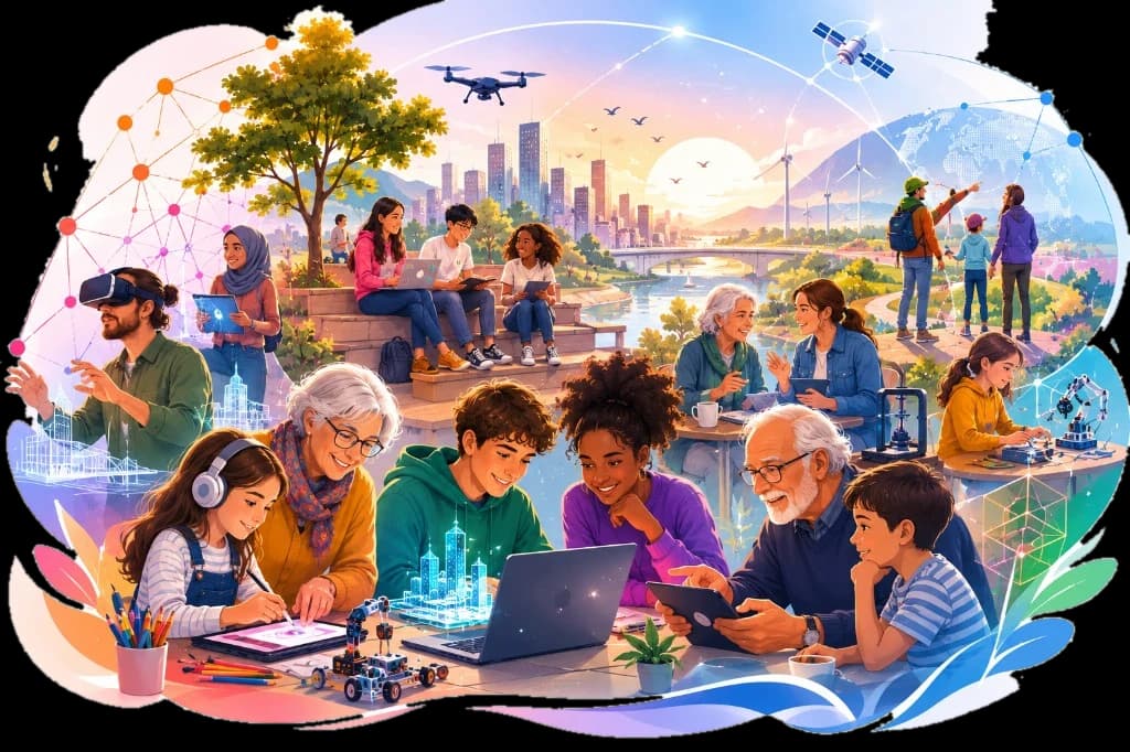 Illustration d'une ville où des personnes de tous âges découvrent, expérimentent et créent ensemble avec les technologies numériques.