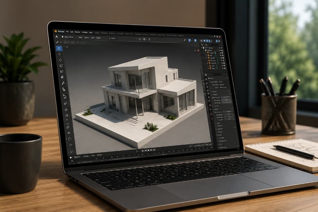 Ordinateur ouvert sur un logiciel de conception 3D, pour apprendre et créer.