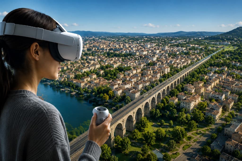 Exploration d'une ville en 3D avec un casque de réalité virtuelle.