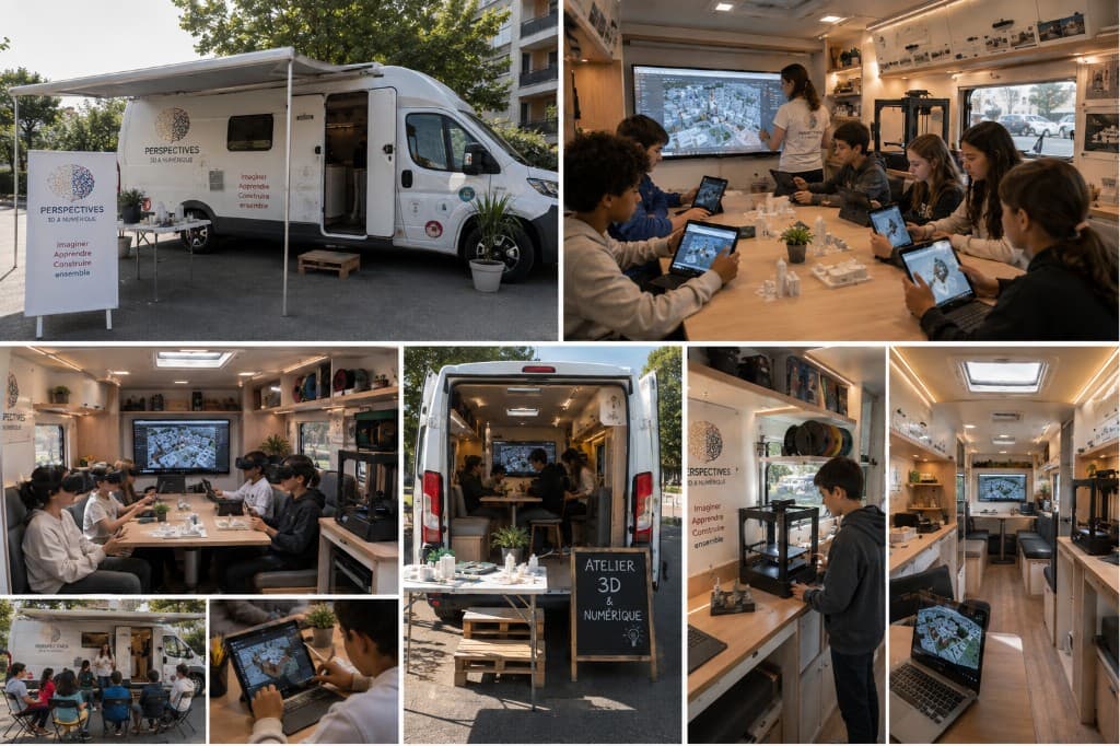Vision du laboratoire mobile : le véhicule déployé avec un auvent, des ateliers en extérieur, de la réalité virtuelle et de la création numérique. Image de conception — ce projet n'existe pas encore.